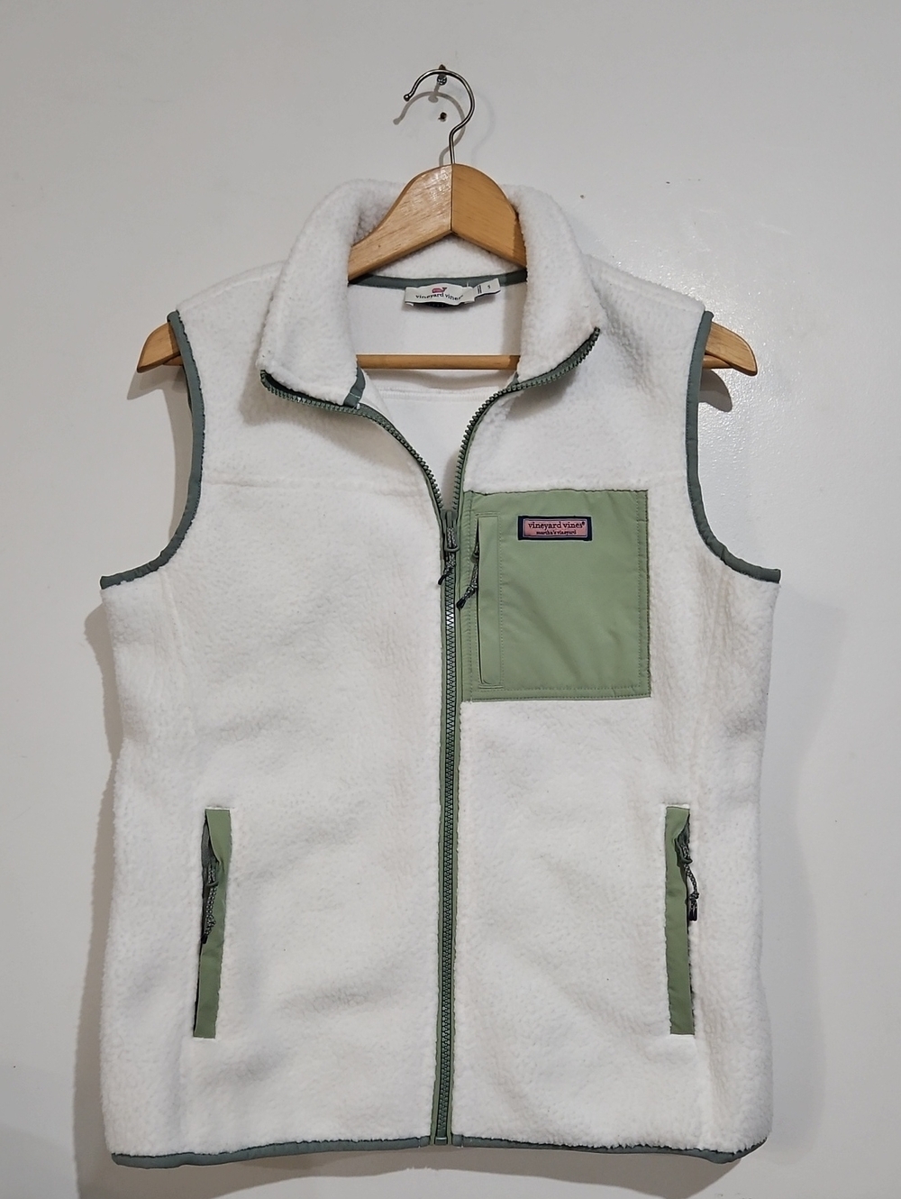 Vineyard Vines Womens Fleece Vest - White with Sage Green Trim Sz S
